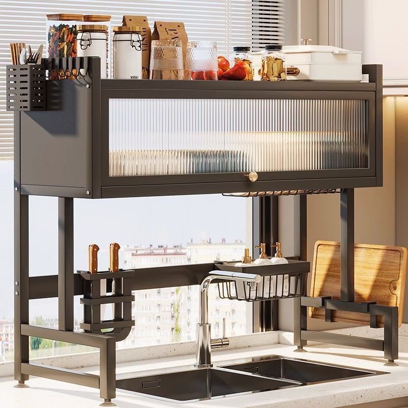 Estante de almacenamiento de fregadero de cocina platos domésticos cuenca armario multifuncional a prueba de polvo con puerta de armario para almacenar platos y platos marco de drenaje