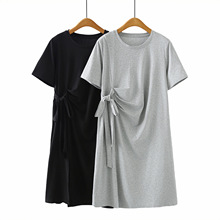 2025夏侧开叉连衣裙短袖大码显瘦胖mm中长裙圆领收腰系带A字裙740