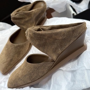 Genuine Leather Niche Square Wedge Heel Baotou Half Slippers Women's Outwear 2025 Spring and Summer One-line Sandals Muller Shoes