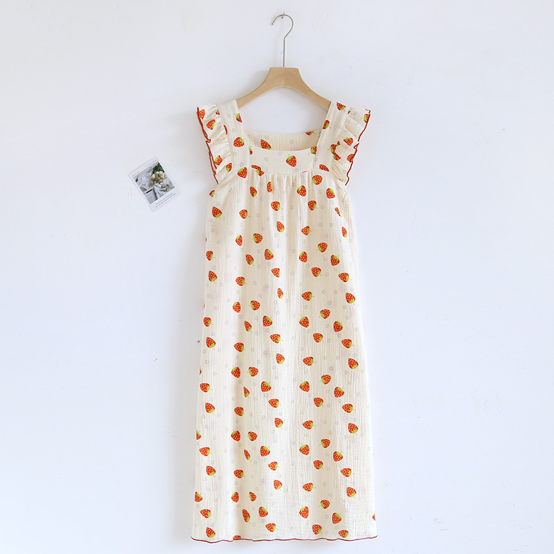 Customized Batch Suspender Skirt Pure Cotton Double Layer Cotton Gauze Sweet Printed Summer Floral Comfortable Loose Thin Home Nightgown