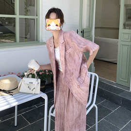 粉色复古薄款西装套装女2025夏季新款短袖西服高腰阔腿长裤两件套