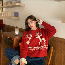 麋鹿聖誕紅毛衣女秋冬韓版學生拼接寬松加厚針織外穿打底上衣批發