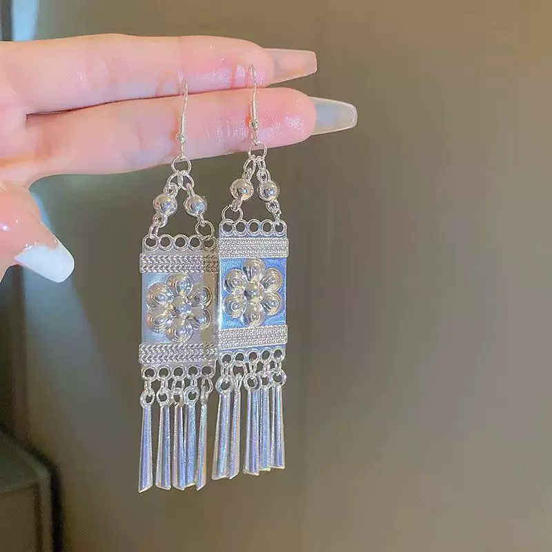 复古苗银少数民族风耳环个性波西米亚风花朵耳坠长款流苏中式耳饰