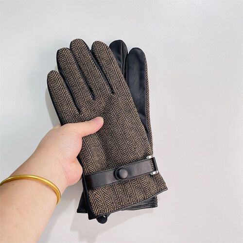 British classic check leather patchwork men's winter warm anti-cold lined thick cycling electric bike gloves