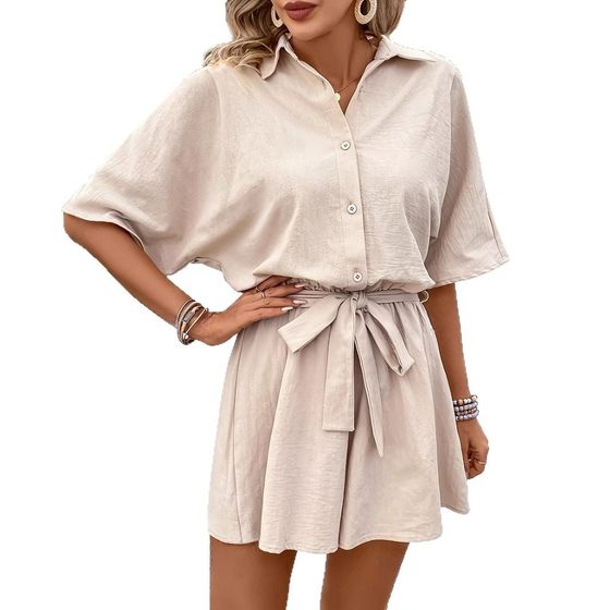 2025 European and American Cross-border Summer Solid Color Casual Fashion Belt Short-sleeved Pants for Women All-match