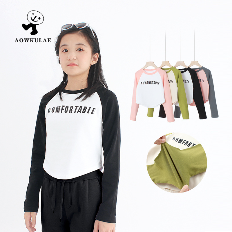 Primavera de estilo coreano ropa para niños Nueva Camiseta de manga larga para niñas media y grande para niños Raglan camisa de fondo corto para niños de manga larga al por mayor