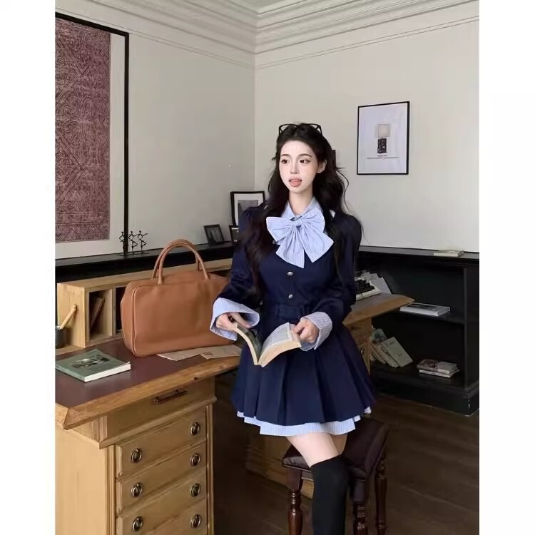Early autumn new college style faux two-piece bow dress for women, sweet waist-cinching puffy pleated A-line short skirt Early autumn new college style faux two-piece bow dress for women, sweet waist-cinching puffy pleated A-line short skirt