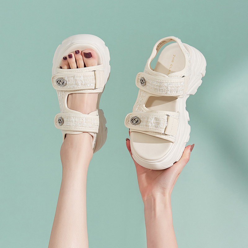 Sandal thể thao đế dày ZHR cho nữ, quai chữ V, khóa dán, chống trượt, đi biển mùa hè — G663 màu be