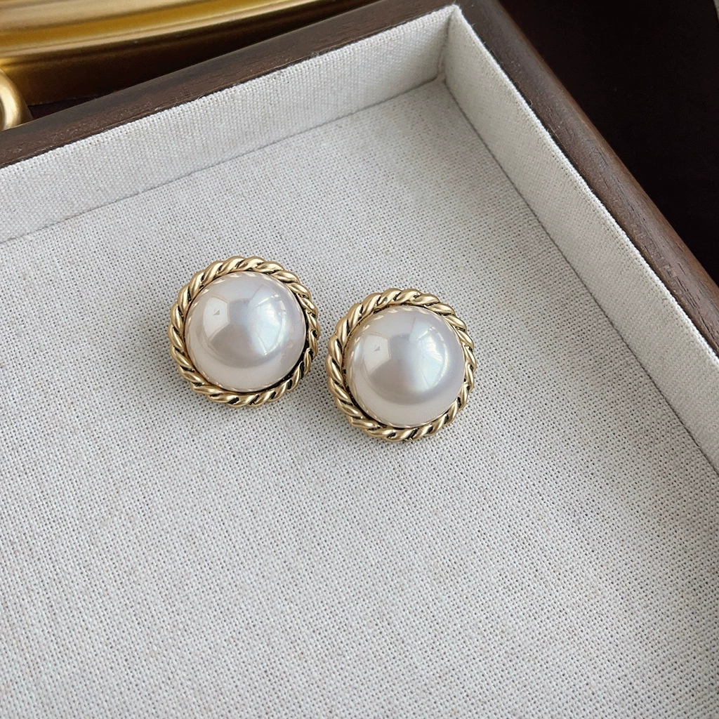 Retro Pearl Earrings, 925 Silver Posts, Light Luxury Vintage Geometric Style