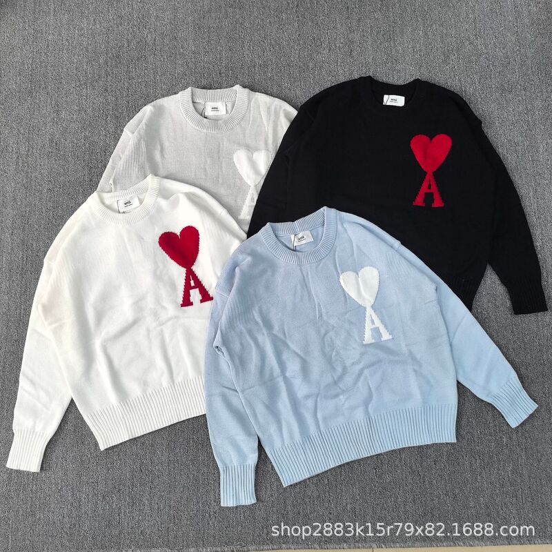 Cross-Border Am Heart-Shaped New Jacquard Knit Sweater Casual Round Neck Unisex Couple Style Loose Lazy Pullover Long Sleeve