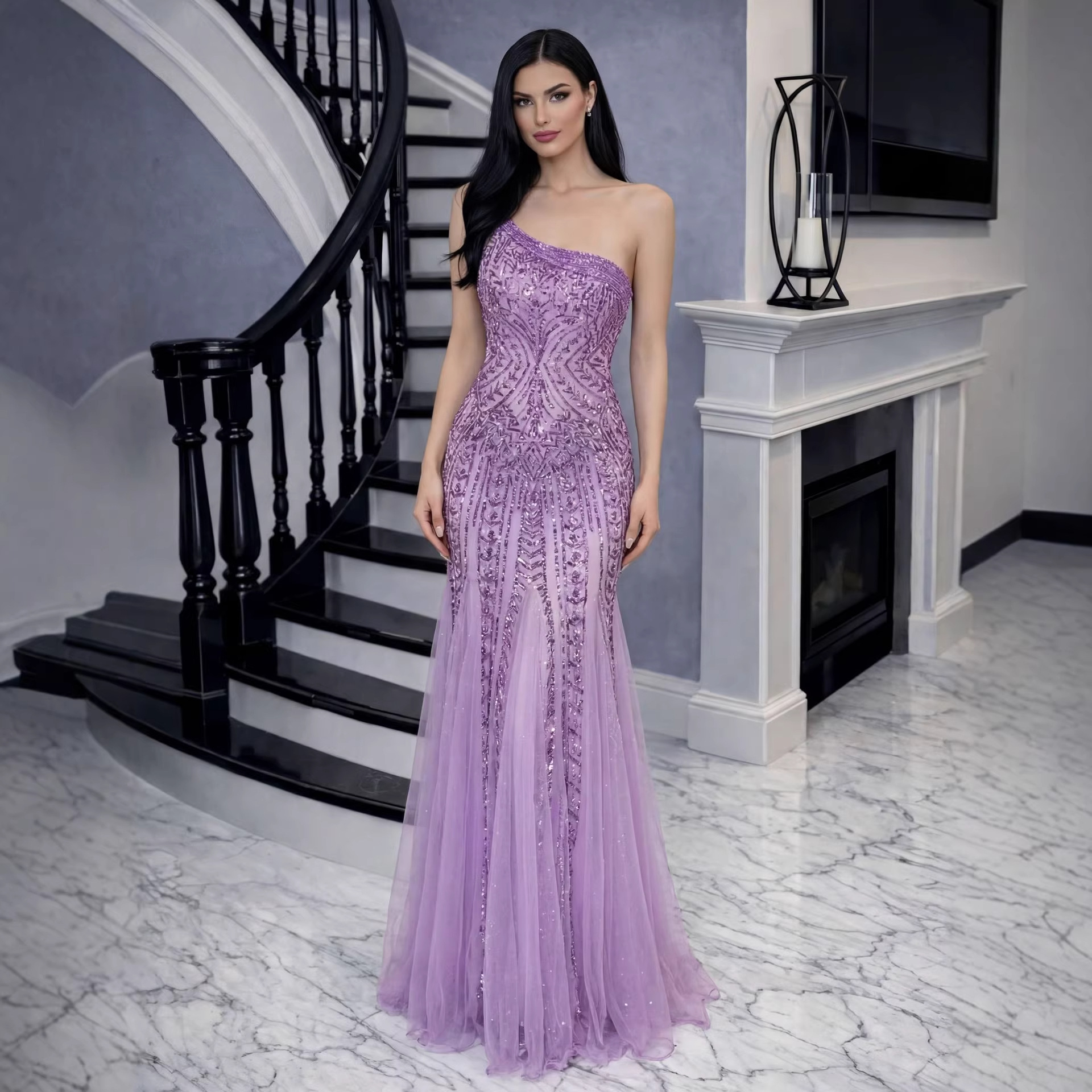 Cross-Border Foreign Trade Sequined Sexy Bodycon Strapless Dress Celebrity Influencer Event Banquet High-End Evening Gown Long Style