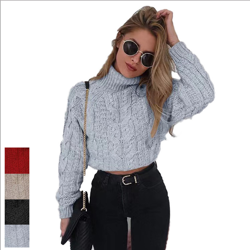 Amazon Oufan Autumn and Winter New Sexy Elegant Long Sleeve Turtleneck Women's Twist Short Sweater Top