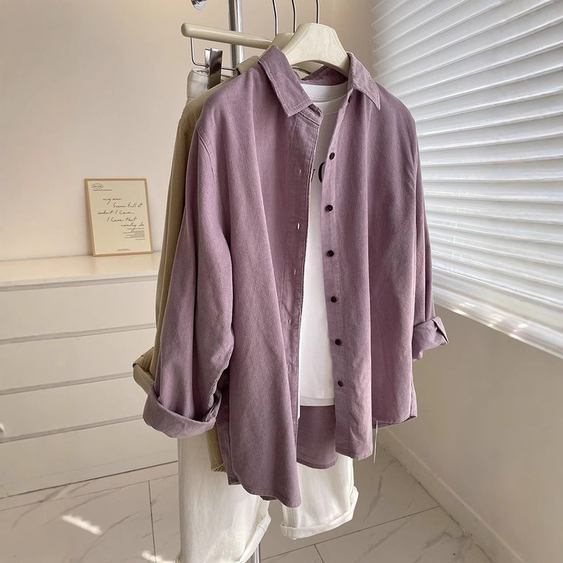 Vintage Corduroy Shirt Women's French Style Stacked Inner Shirt Jacket Loose Casual Meat Covering Long-sleeved Korean Style Top
