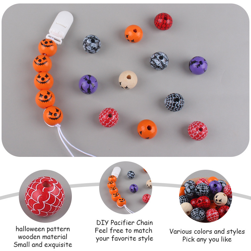 20mm Halloween impresión en color de cuentas madera creativa DIY joyería bebé chupete cadena mordedor pulsera pequeños accesorios