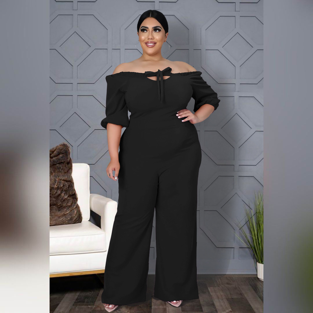 plus size solid color one-shoulder straps wide-leg jumpsuit NSASL128384