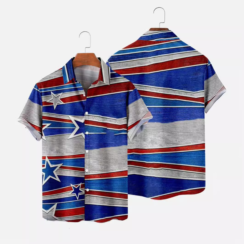Cross-Border American Independence Day Flag Shirt Men's Summer Casual Large Size 3D Digital Printing Short Sleeve Casual Shirt