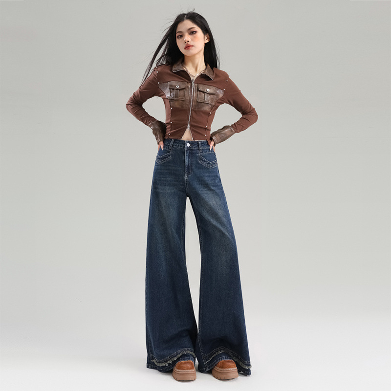 Jeans retro de piernas largas de lana primavera de mujeres 2026 nuevo tipo delgado de cintura alta flácida chandeliers