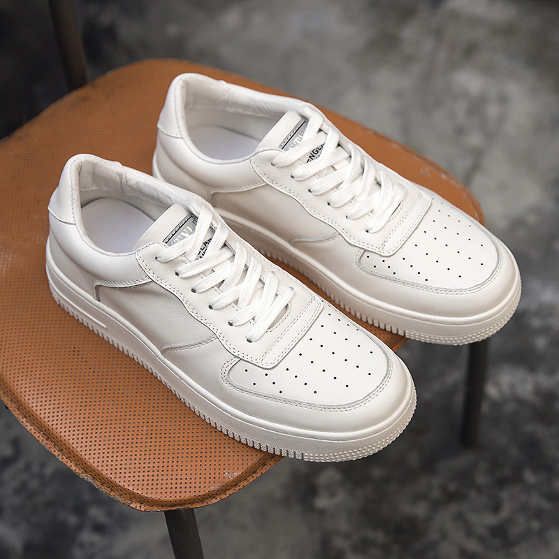 Trendy First-Layer Cowhide Solid Color Casual Leather Low-Top Sneakers Men's Retro Air Force One Round-Toe Height-Increasing Shoes Trendy First-Layer Cowhide Solid Color Casual Leather Low-Top Sneakers Men's Retro Air Force One Round-Toe Height-Increasing Shoes