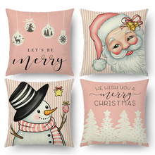 原创粉色圣诞节印花抱枕套亚马逊跨境亚麻雪人装饰沙发靠垫套靠枕