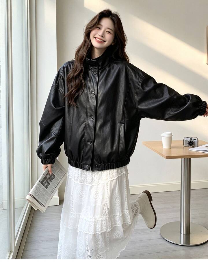 Áo khoác da PU cổ đứng dáng rộng phong cách retro, kiểu biker, dài tay, có lót — Màu đen [Chất lượng cao, có lót vải] chi tiết 2
