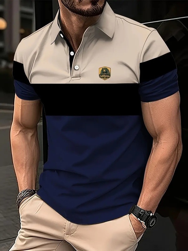 2025欧美跨境独立站夏季男式拼色3D印花短袖纽扣翻领休闲Polo衫无|undefined