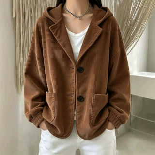 跨境女装灯芯绒外套 连帽翻领短款开衫 宽松显瘦休闲外搭女上衣