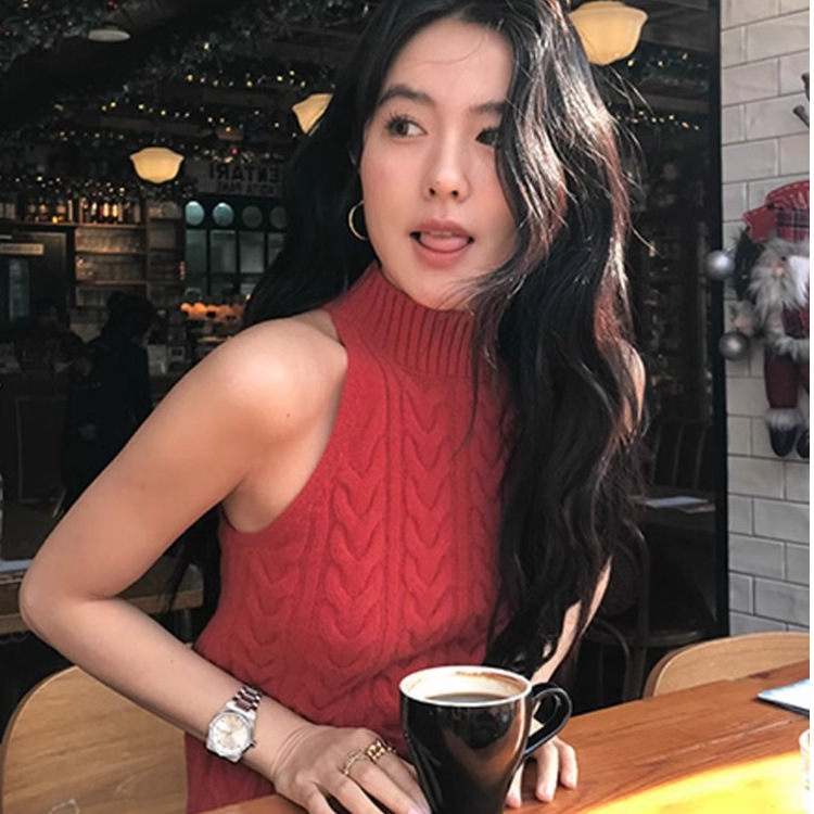 Red Twist Half-turtleneck Sweater Vest Women's Spring and Autumn New Tight Short Sleeveless Sweater Inner Top