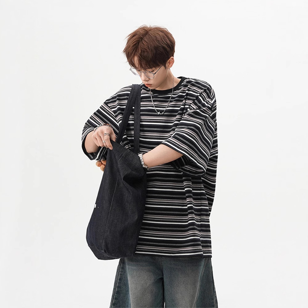 American-Style Heavyweight Sailor Short-Sleeve Men's Summer New Trendy Loose Casual Color-Block Silhouette Quarter-Sleeve Versatile Top