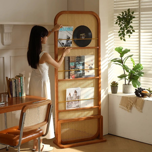 Chinese and Japanese Style Solid Wood Rattan Seat Screen Partition Entryway Blocking Entrance Mobile Retro French Magazine Book Storage Rack