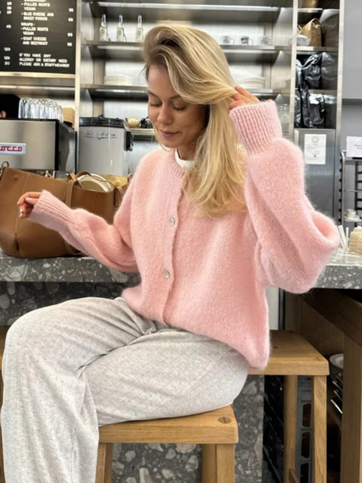 Áo cardigan len dệt kim dáng mỏng nhẹ cài nút một hàng, tay dài cổ tròn nữ — hoa hồng đỏ, màu be, màu cam, màu hoa cà chi tiết 49