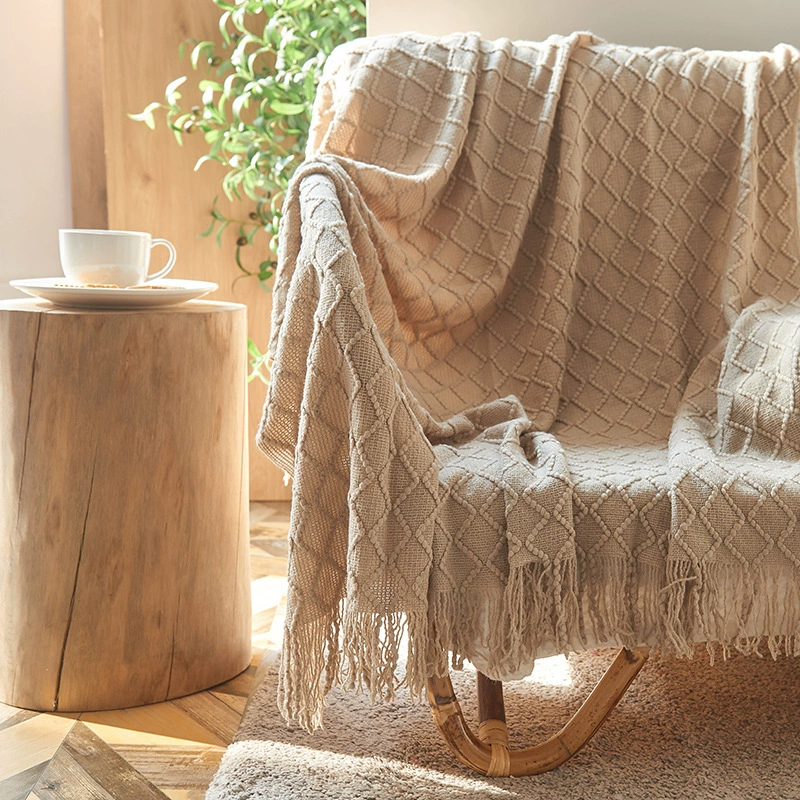 Nordic Retro Rhombus Wool Blanket, Knitted Fringe Throw, 125×170 cm, Bed & Sofa Blanket