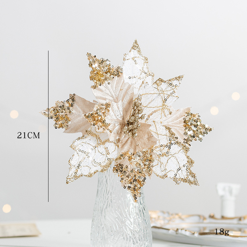 金色21cmシミュレーションスパンコールクリスマス花ベルベットクリスマスツリー装飾装飾品ペンダント赤いdiy装飾花|undefined