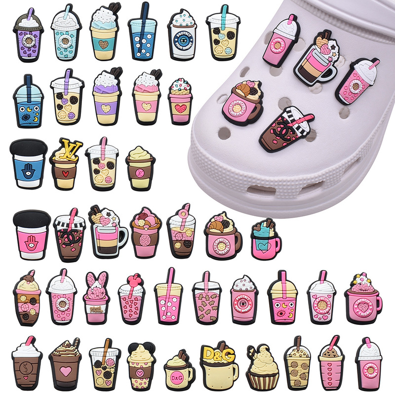 Coffee milk tea cup series hole shoes accessories PVC soft rubber shoe buckle jewelry shoe accessories cartoon diy shoe flower wholesale