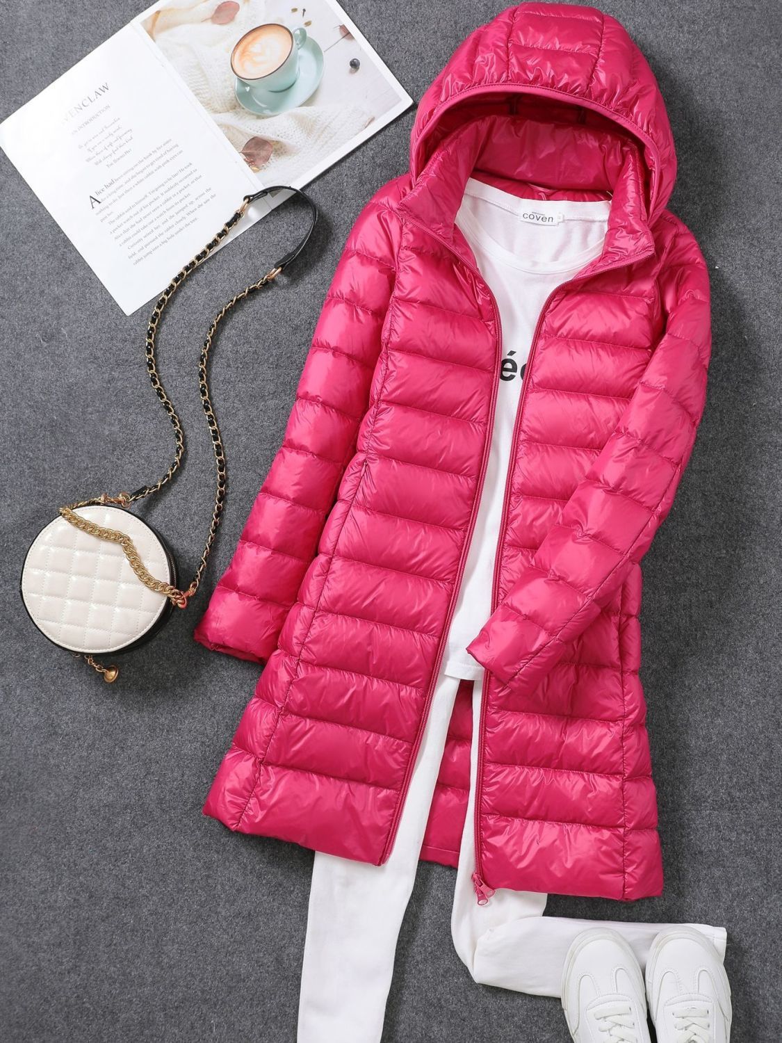 Tik Tok transfronterizo otoño y invierno nuevo chaqueta de plumón ligera de mujeres mediana y larga ropa blanca coreana chaqueta delgada sombrero desmontable
