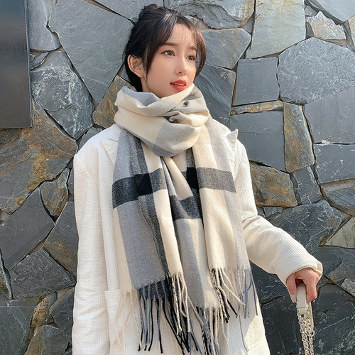 Scarf Women's  Winter New Plaid Print Tassel Imitation Cashmere Scarf Fashion Mid-Length Warm Shawl Scarf