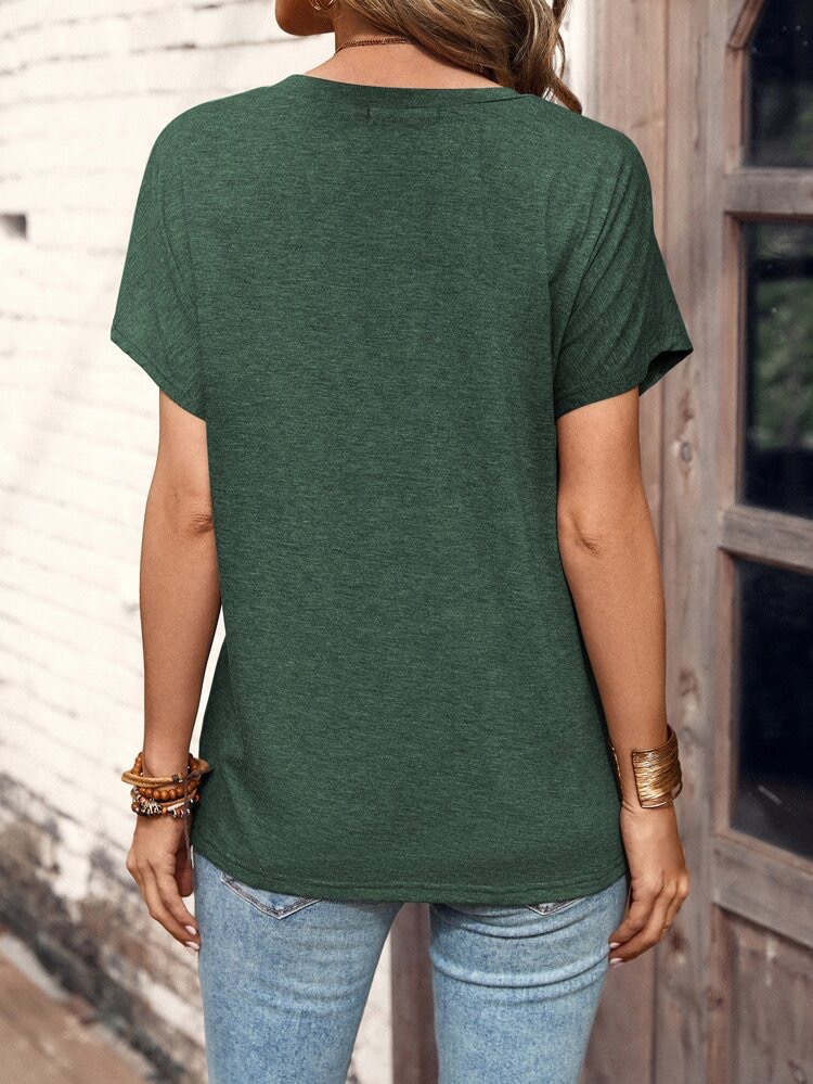 T-shirt basic da donna a tinta unita, a maniche corte, casual, con bottoni, ideale per la primavera e l'estate._voghion.com