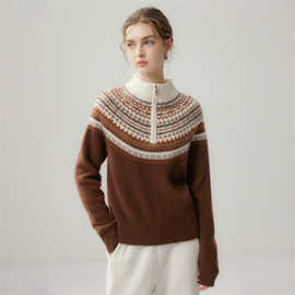 Lekasha cashmere 100%纯山羊绒7针复古提花秋冬宽松百搭保暖上衣