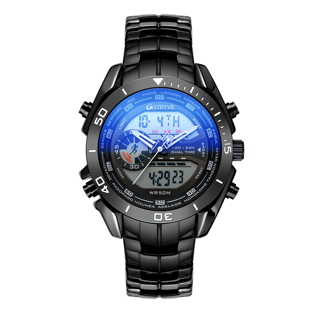STRYVE reloj de negocios para hombre doble pantalla impermeable reloj electrónico de cuarzo para hombre reloj de acero inoxidable S8019