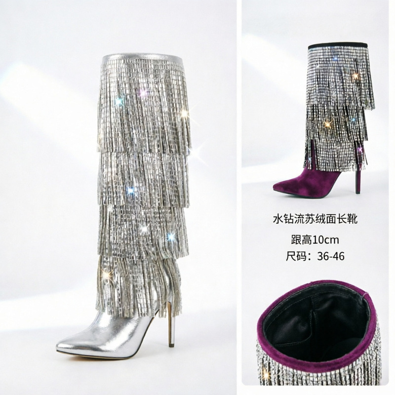 Foreign Trade Rhinestone Large Size Tassel Boots Pointed Toe Stiletto Heel Knee-High Boots Amazon Cross-Border Fashion Boots High Tube Boots