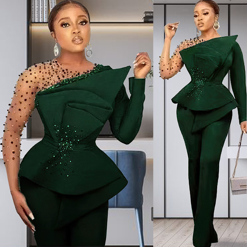 [Pre-Sale] African Amazon Foreign Trade Plus-Size Women's Solid Color Beaded Mesh Fashion Casual Pants Set 6279