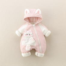 冬季婴幼儿夹棉加厚哈衣超萌卡通立体猫咪兜加绒连体女宝宝爬爬服