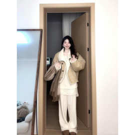 超好看高质量流行减龄卡其色韩版开衫款宽松型女生翻领上衣潮