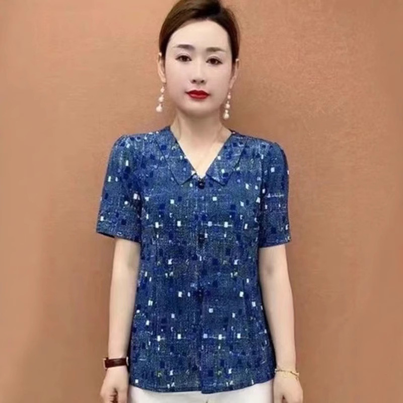 ドロップシッピング夏の新しいスタイル中年母親の服カジュアルラペルルーズスリムTシャツ多用途女性トップ|undefined