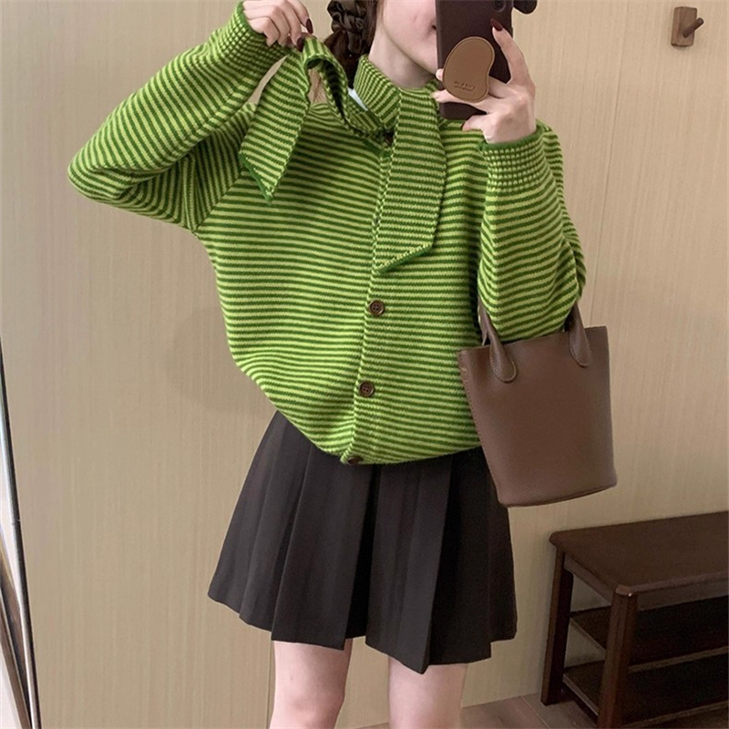 韩系设计感围巾条纹开衫女2025秋季新款百搭减龄针织衫上衣毛衣女|undefined