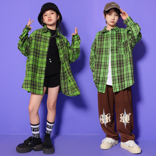 Green plaid hiphop rapper Street children wet suit boy hip-hop hiphop loose plaid shirt Hip hop street jazz dance performance uniforms show girls clothing