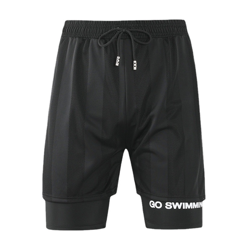 Trajes de baño de primavera 2025 al por mayor para hombre, anti-embarrassment, de doble capa, sueltos, de playa, de cinco puntos.