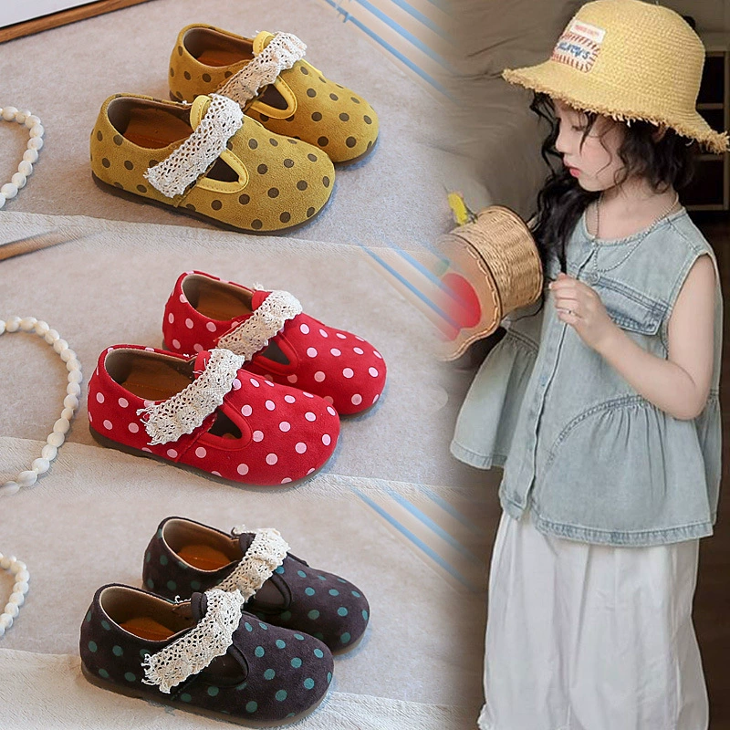Детские модные кожаные туфли с кружевными вставками, неглубокий вырез, ранняя осень 2025, милые туфли в горошек для девочек в пасторальном стиле