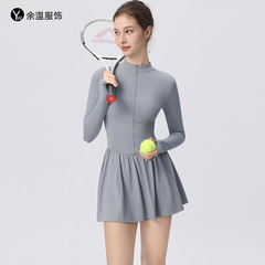 云感立领长袖连衣裙女户外跑步防走光打底A字裙摆长袖网球连体裙