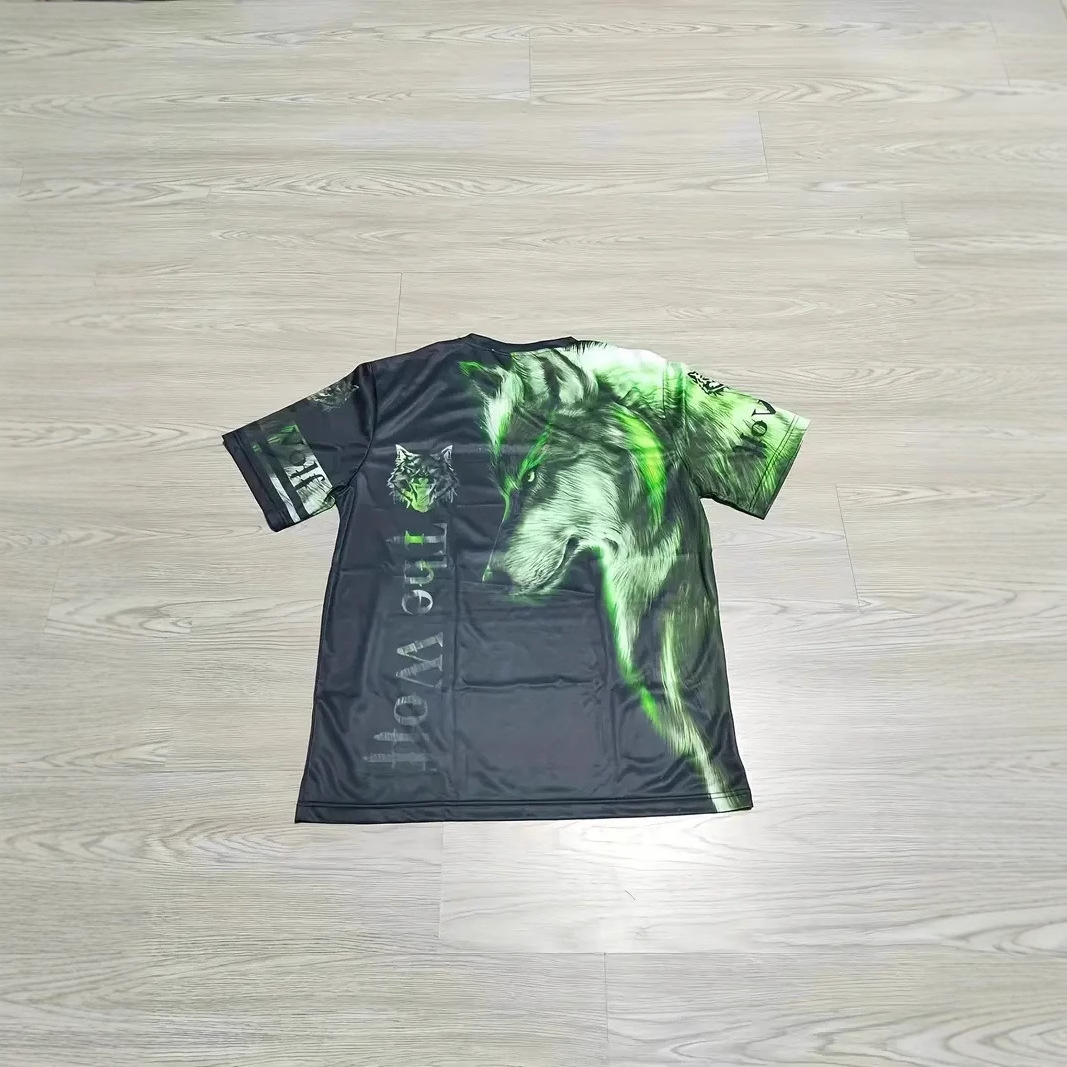 Eslóganes de lobo transfronterizo de AliExpress de Europa y América estampados en 3D Personalidad de la calle principal de los hombres Camiseta suelta de manga corta con cuello redondo