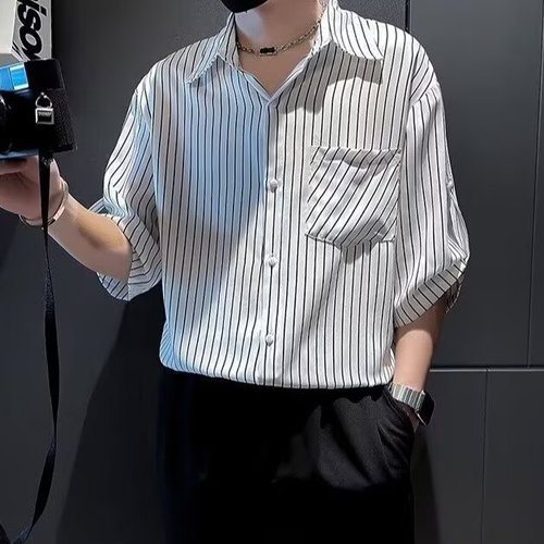 Men's 2025 Summer Striped Shirt with Ice Silk High-End Style Fashion 7.5-inch Half Sleeve Trendy Korean Version Hooded Top